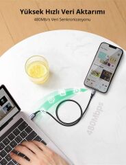 UGREEN 60759 US304 Alüminyum Kılıflı 3A USB-C to Lightning Hızlı Şarj Kablosu Örgülü 1metre