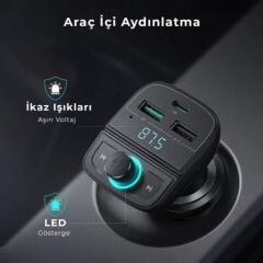 UGREEN 80910 Bluetooth 5.0 PD QC 3.0 Micro SD TF Kart Okuyuculu Araç Şarj Cihazı FM Verici Transmitter