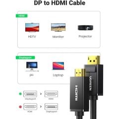 UGREEN 10204 DP101 3D 4K Görüntü Desteği DisplayPort to HDMI 2.0 Kablosu Siyah 5metre - 2
