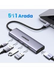 Ugreen 15597 CM511 5 in 1 USB-C Hub Çoklayıcı HDMI 4K 60Hz 3 Port USB 3.0 100W Şarj Bağlantı İstasyonu