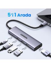 UGREEN 15597 CM511 5 in 1 USB-C Hub Çoklayıcı HDMI 4K 60Hz 3 Port USB 3.0 100W Şarj Bağlantı İstasyonu