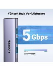 Ugreen 15597 CM511 5 in 1 USB-C Hub Çoklayıcı HDMI 4K 60Hz 3 Port USB 3.0 100W Şarj Bağlantı İstasyonu