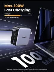 UGREEN 10375 X564 Nexode 100W USB-C Kablolu Dört Portlu GaN Hızlı Duvar Şarj Cihazı Siyah 1.5metre + UGREEN 35608 S510 Black Label 2500W 250V 10A Universal Alman Standartı Seyahat Dönüştürücü Siyah