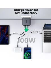 UGREEN 10375 X564 Nexode 100W USB-C Kablolu Dört Portlu GaN Hızlı Duvar Şarj Cihazı Siyah 1.5metre + UGREEN 35608 S510 Black Label 2500W 250V 10A Universal Alman Standartı Seyahat Dönüştürücü Siyah