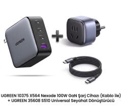 UGREEN 10375 X564 Nexode 100W USB-C Kablolu Dört Portlu GaN Hızlı Duvar Şarj Cihazı Siyah 1.5metre + UGREEN 35608 S510 Black Label 2500W 250V 10A Universal Alman Standartı Seyahat Dönüştürücü Siyah - 2