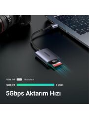 UGREEN 80887 CM401 USB-A 3.0 Micro SD TF ve SD Hafıza Kartı Okuyucu 5GB/s Aktarım Hızı