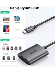 UGREEN 80888 CM401 Type-C USB-C to SD ve Micro SD Kart Okuyucu Adaptör 5GB/s Yüksek Hızlı Aktarım