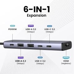 UGREEN 35999 CM511 6 in 1 USB-C to 2xUSB-A 3.0 Çoklayıcı 1x4K/60Hz HDMI 1xSD 1xTF Kart Okuyucu 1xUSB-C PD 100W Şarj Desteği Çok Fonksiyonlu Bağlantı İstasyonu
