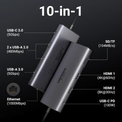 UGREEN 15534 CM639 Revodok Pro 10 in 1 1xUSB-A 3.0 2xUSB-A 2.0 Çoklayıcı 1x8K/30Hz 1x4K/60Hz HDMI 1xSD 1xTF Kart Okuyucu xRJ45 Gigabit Ethernet 1xUSB-C PD 100W Şarj Desteği Çok Fonksiyonlu Bağlantı İstasyonu