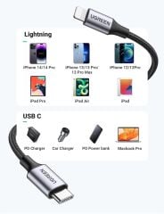 UGREEN 60761 US304 Alüminyum Kılıflı 3A PD MFi Sertifikalı USB-C to Lightning Hızlı Şarj Kablosu Örgülü 2metre