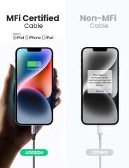 UGREEN 60761 US304 Alüminyum Kılıflı 3A PD MFi Sertifikalı USB-C to Lightning Hızlı Şarj Kablosu Örgülü 2metre