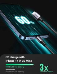 UGREEN 60761 US304 Alüminyum Kılıflı 3A PD MFi Sertifikalı USB-C to Lightning Hızlı Şarj Kablosu Örgülü 2metre - 2