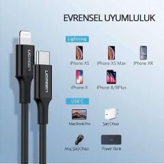 UGREEN 60752 US171 MFi Sertifikalı 36W 3A PD USB-C to Lightning Hızlı Şarj Kablosu Siyah 2metre