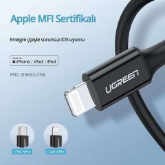UGREEN 60752 US171 MFi Sertifikalı 36W 3A PD USB-C to Lightning Hızlı Şarj Kablosu Siyah 2metre