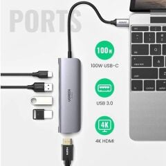UGREEN 70495 CM136 Type-C to HDMI 1xUSB-C 1xHDMI 4K 60Hz 3xUSB-A 3.0 Çoklayıcı Hub ve Dönüştürücü Adaptör