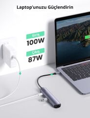 UGREEN 10919 CM418 5 in 1 Ultra İnce USB-C to USB 4K HDMI 1GB/s Gigabit Ethernet 100W PD Hızlı Şarj Desteği