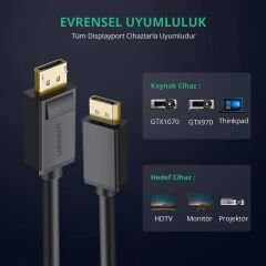 UGREEN 10212 DP102 3D 4K Görüntü Desteği DisplayPort to DisplayPort DP 1.2 Kablosu Siyah 3metre - 2