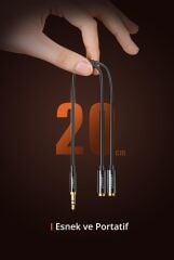 UGREEN 20816 AV134 1x3.5mm Erkek to 2x3.5mm Dişi Adaptör Çoklayıcı Siyah 20cm