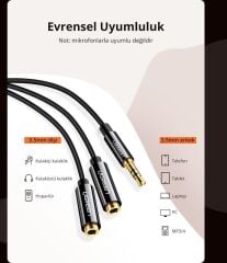 UGREEN 20816 AV134 1x3.5mm Erkek to 2x3.5mm Dişi Adaptör Çoklayıcı Siyah 20cm