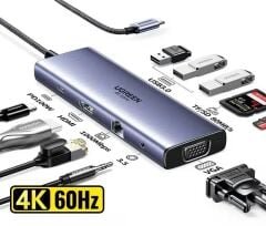 UGREEN 25043 CM498 10 in 1 USB-C to 3xUSB-A 3.0 Çoklayıcı 1x4K/60Hz HDMI 1x1080P VGA 1xRJ45 Ethernet 1x3.5mm Kulaklık 1xSD 1xTF Kart Okuyucu 1xUSB-C PD 100W Şarj Desteği Çok Fonksiyonlu Bağlantı İstasyonu