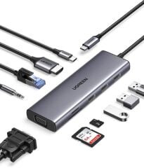 UGREEN 25043 CM498 10 in 1 USB-C to 3xUSB-A 3.0 Çoklayıcı 1x4K/60Hz HDMI 1x1080P VGA 1xRJ45 Ethernet 1x3.5mm Kulaklık 1xSD 1xTF Kart Okuyucu 1xUSB-C PD 100W Şarj Desteği Çok Fonksiyonlu Bağlantı İstasyonu