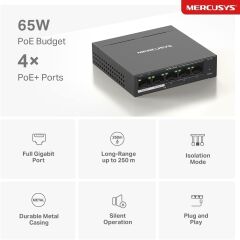 MERCUSYS MS105GP 5 Port 10/100/1000Mbps Gigabit 4 Port PoE+ Desktop Switch