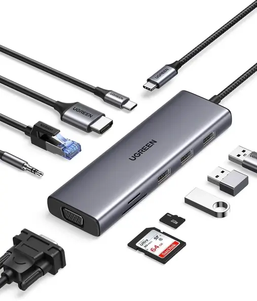 Ugreen 25043 CM498 10 in 1 Type-C to 3xUSB-A 3.0 Çoklayıcı 1x4K/60Hz HDMI 1xVGA 1xRJ45 1x3.5mm Kulaklık 1xSD 1xTF Kart Okuyucu 1xUSB-C PD 100W Şarj Desteği Çok Fonksiyonlu Bağlantı İstasyonu