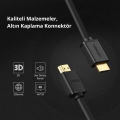 UGREEN 10111 HD104 UHD 4K Yüksek Hızlı Ethernet ve 2.0 HDMI Kablosu Siyah 15metre
