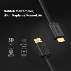 UGREEN 10111 HD104 3D UHD 4K HDR 18Gbps Yüksek Hızlı Ethernet ve HDMI 2.0 Kablosu Siyah 15metre