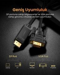 UGREEN 10247 DP105 1080P HD Çözünürlük DisplayPort to VGA Görüntü Aktarma Kablo Siyah 1.5metre - 2