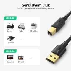 UGREEN 10352 US135 USB-A to USB-B 2.0 Yazıcı Tarayıcı Kablosu Siyah 5metre
