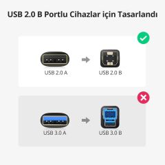 UGREEN 10352 US135 USB-A to USB-B 2.0 Yazıcı Tarayıcı Kablosu Siyah 5metre