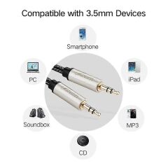 UGREEN 40780 AV125 3.5mm Erkek to 3.5mm Erkek Hi-Fi Stereo Aux Ses Kablo Gümüş Kaplama Bakır Gövde Siyah Pamuklu File 1.5metre - 2
