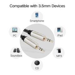 UGREEN 40778 AV125 3.5mm Erkek to 3.5mm Erkek Hi-Fi Stereo Aux Ses Kablo Gümüş Kaplama Bakır Gövde Siyah Pamuklu File 0.5metre - 2