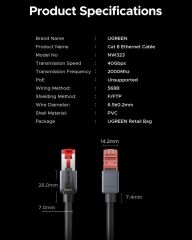 UGREEN 55192 NW323 CAT8 2000MHz 40Gbps Yüksek Ağ Hızı FRP Ethernet Kablosu Siyah 10metre