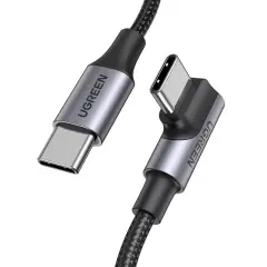 UGREEN 70645 US334 100W PD USB-C to USB-C 90 Derece Açılı L Uçlu Süper Hızlı Şarj Kablo Örgülü 2metre
