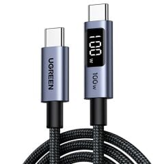 UGREEN 65862 L529 100W PD USB-C to USB-C Dijital Ekranlı Hızlı Şarj ve Data Kablo Örgülü 1metre