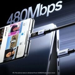 UGREEN 65862 L529 100W PD USB-C to USB-C Dijital Ekranlı Hızlı Şarj ve Data Kablo Örgülü 1metre - 2