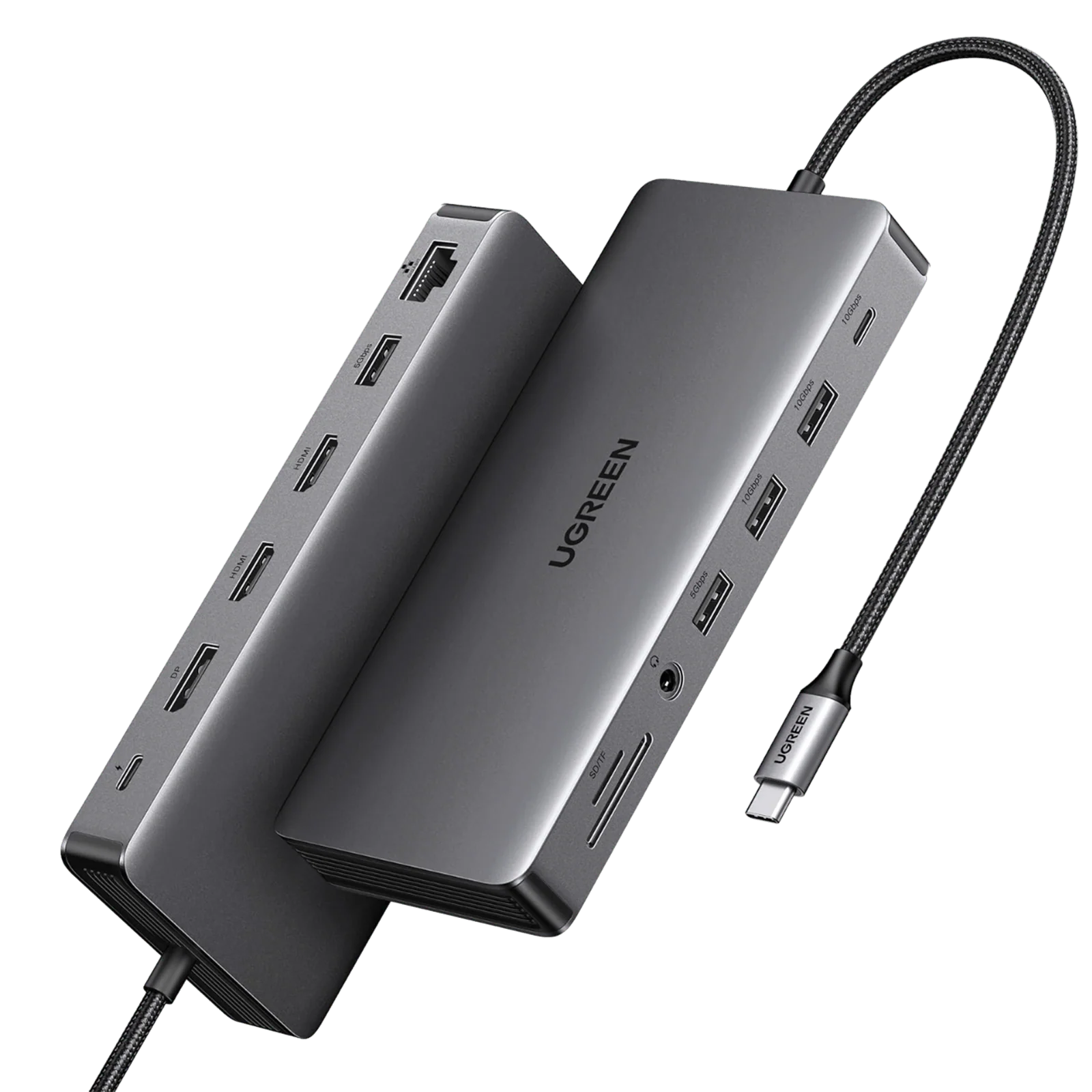 UGREEN 15978 CM681 Revodok Pro 313 13 in 1 USB-C to 2x10Gbps USB-A 3.2 2x5Gbps USB-A 3.0 2x4K HDMI 1x4K DisplayPort 1xRJ45 Gigabit Ethernet 1x3.5mm 1xSD 1xTF Kart Okuyucu 1xUSB-C PD 100W Şarj Çok Fonksiyonlu Bağlantı İstasyonu