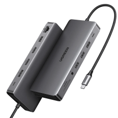 UGREEN 15978 CM681 Revodok Pro 313 13 in 1 USB-C to 2x10Gbps USB-A 3.2 2x5Gbps USB-A 3.0 2x4K HDMI 1x4K DisplayPort 1xRJ45 Gigabit Ethernet 1x3.5mm 1xSD 1xTF Kart Okuyucu 1xUSB-C PD 100W Şarj Çok Fonksiyonlu Bağlantı İstasyonu