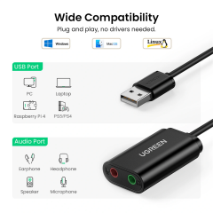 UGREEN 30724 US205 USB 2.0 to 2x3.5mm Stereo Harici Ses Kartı Adaptörü Siyah