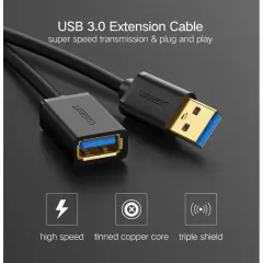 UGREEN 30126 US129 USB-A Erkek to USB-A Dişi 3.0 Uzatma Kablo Siyah 1.5metre - 2