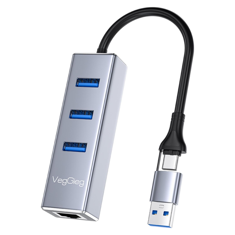 VEGGİEG V-K310 2 in 1 USB-C USB-A 3 Port Bağlantı Noktalı USB-A 3.0 Hub Çoklayıcı 1xRJ45 Gigabit Ethernet Adaptör
