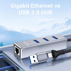 VEGGİEG V-K310 2 in 1 USB-C USB-A 3 Port Bağlantı Noktalı USB-A 3.0 Hub Çoklayıcı 1xRJ45 Gigabit Ethernet Adaptör - 2