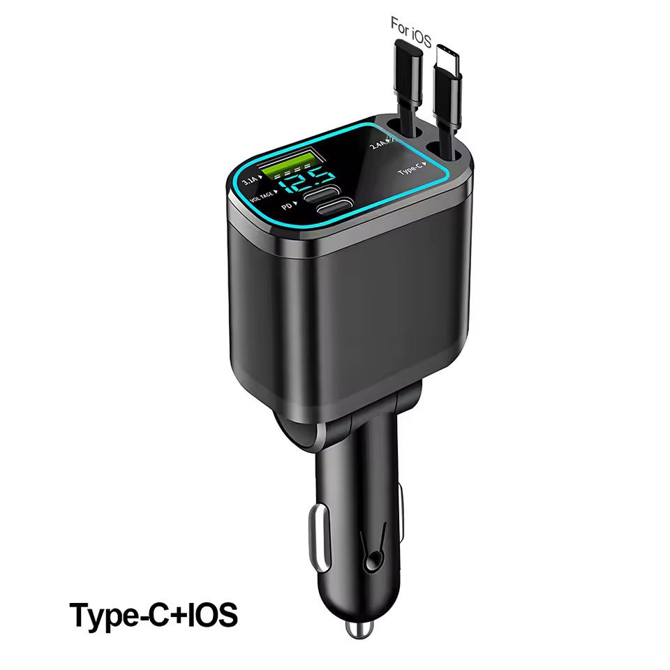 EX M4 5 in 1 3.1A USB-A 3A 2.4A USB-C Çift PD 1xUSB-C 1xLightning Geri Çekilebilir Araç Şarj Aleti