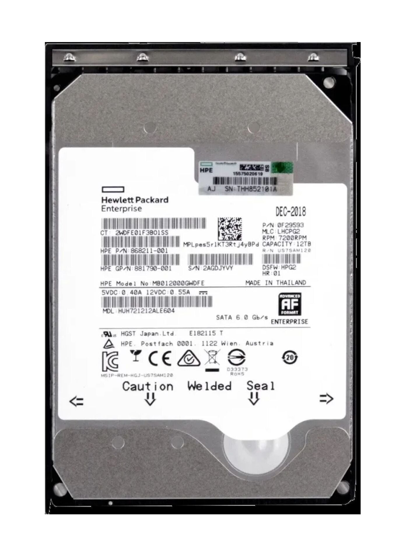 HPE 12TB 7.2K 12G Sata 6Gbps 3.5 inç Server Sunucu Harddisk MB012000GWDFE HUH721212ALE604 881787R-B21 868211-001 881790-001 0F29593