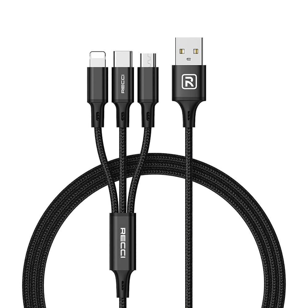 RECCİ RCS-D120 Fast Wind Serisi 3in1 USB-A to Lightning – Type-C – Micro Şarj ve Data Kablosu Örgülü 1.2metre
