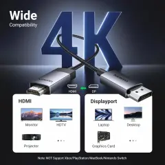 UGREEN 15774 DP119 1080p 240Hz 2K 144Hz 4K 60Hz 18Gbps DisplayPort 1.2 Erkek to HDMI 2.0 Erkek Tek Yönlü Görüntü ve Ses Kablosu Örgülü Siyah 2metre - 2