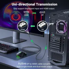 UGREEN 15774 DP119 1080p 240Hz 2K 144Hz 4K 60Hz 18Gbps DisplayPort 1.2 Erkek to HDMI 2.0 Erkek Tek Yönlü Görüntü ve Ses Kablosu Örgülü Siyah 2metre