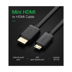 UGREEN 11167 HD108 4K 60Hz 18Gbps Mini HDMI 2.0 Erkek to HDMI 2.0 Erkek Çift Yönlü Görüntü ve Ses Kablosu Örgülü Siyah 1.5metre
